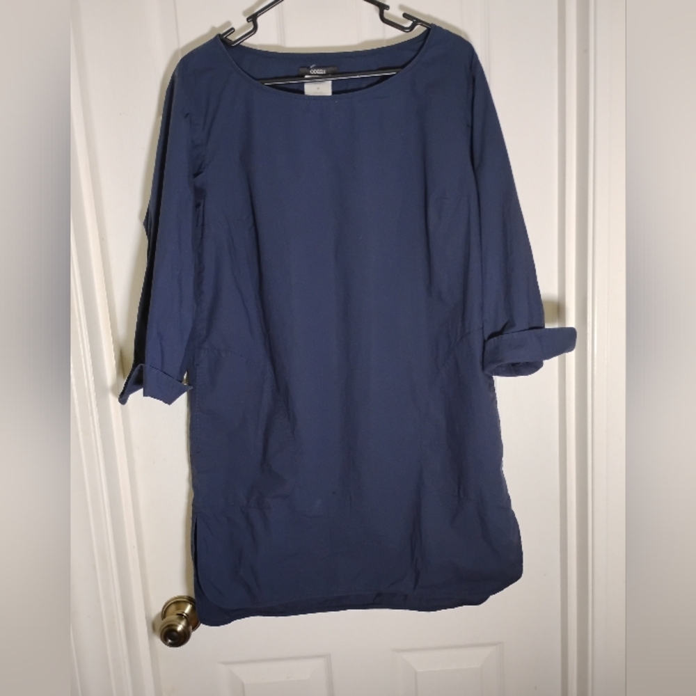 ODEEH Navy Cotton Knee Length Tunic Dress Pockets
